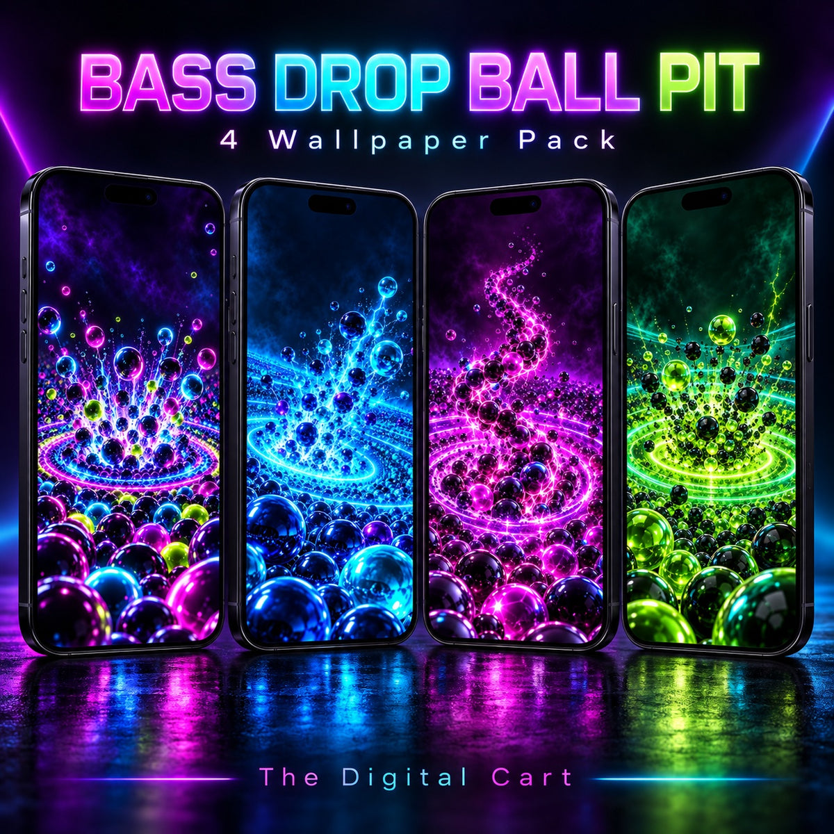 All four Bass Drop Ball Pit wallpapers displayed on four phones