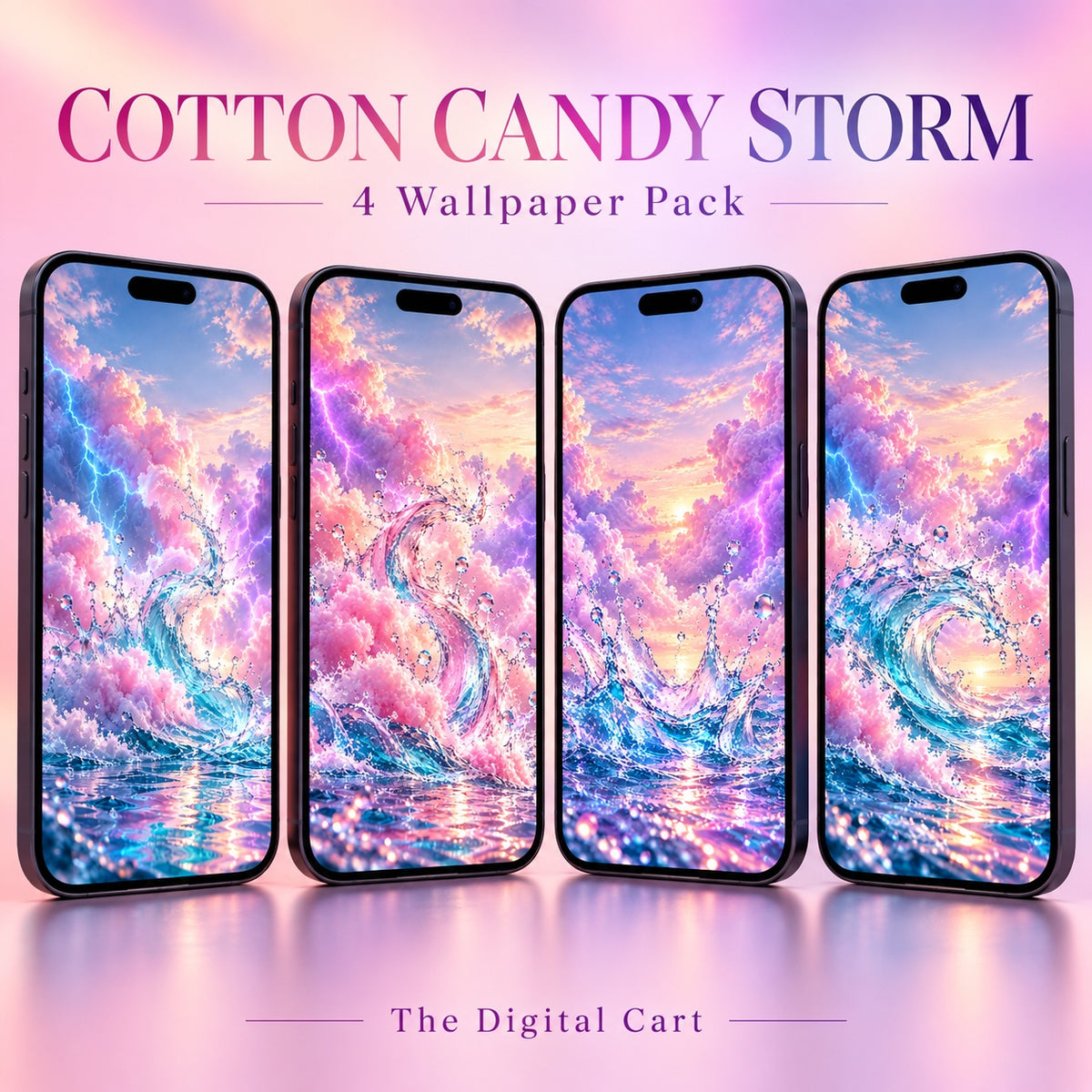 All four Cotton Candy Storm wallpapers displayed on four phone screens in one picture