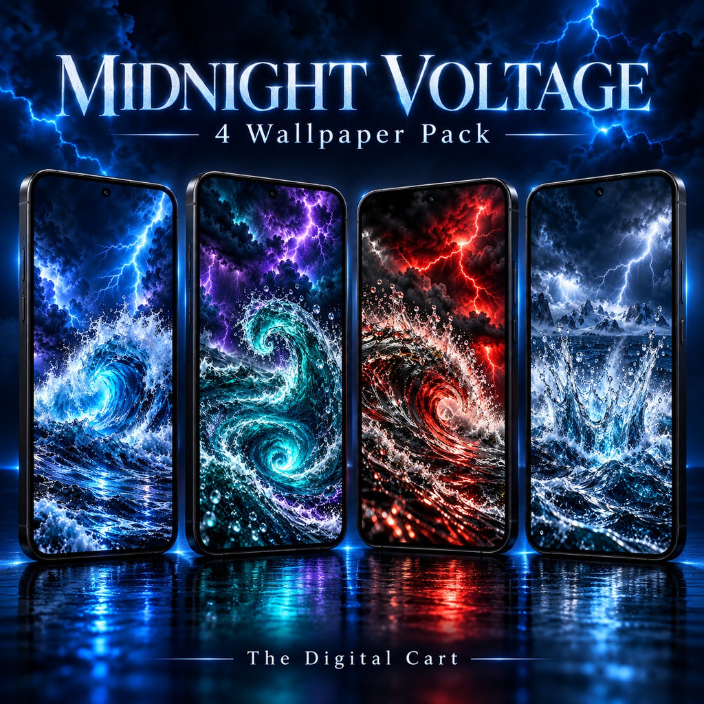All four Midnight Voltage wallpapers on four phone screens