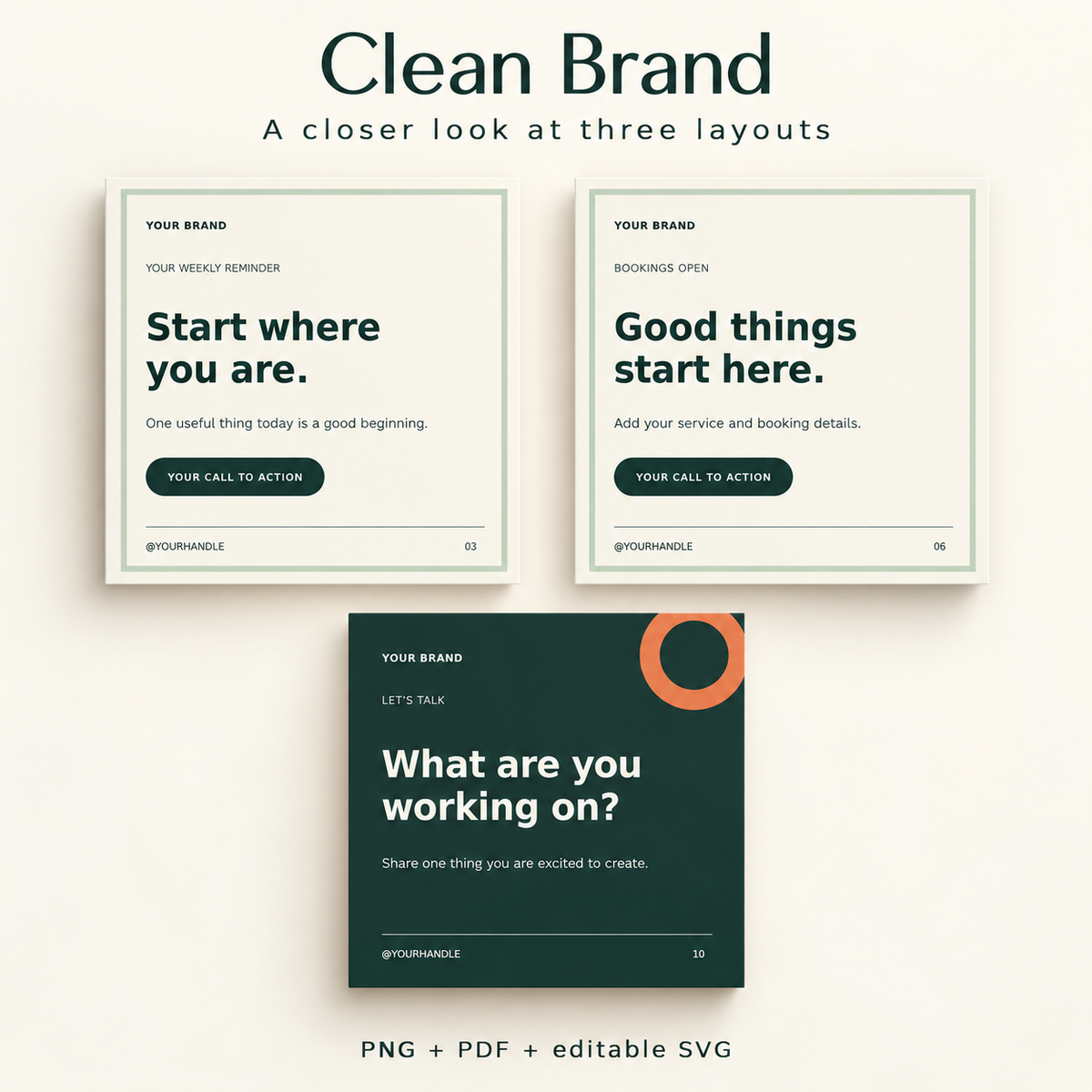 Promotional mockup showing Clean Brand layouts 03, 06 and 10; PNG, PDF and editable SVG included.