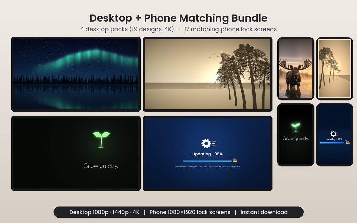 Desktop + Phone Matching Wallpaper Bundle (4K Desktop + Lock Screens) — artwork preview