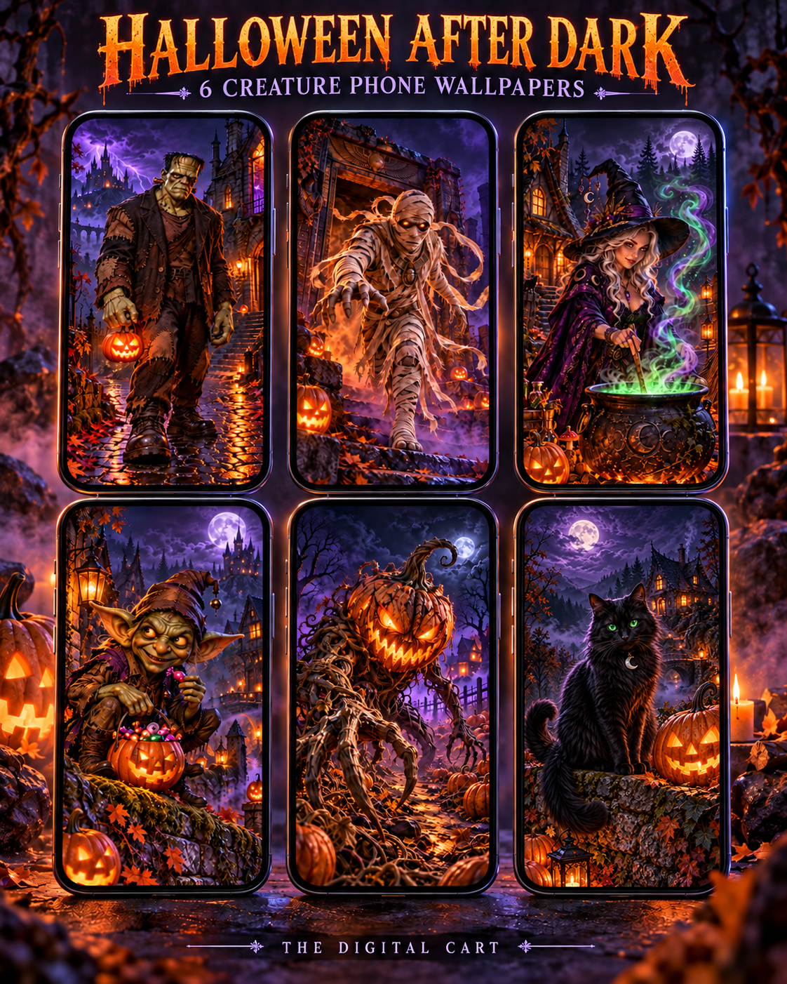 Halloween After Dark: all six creature wallpapers displayed on phone screens