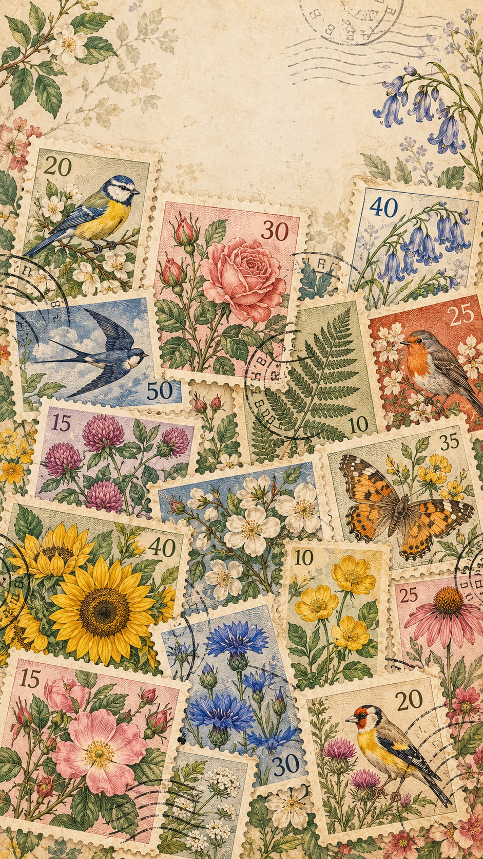 Vintage Postmarks — 4 Phone Wallpapers: Botanical Post static phone wallpaper