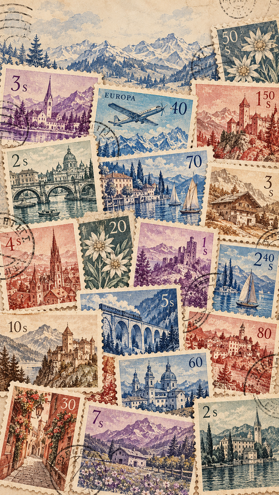Vintage Postmarks — 4 Phone Wallpapers: European Airmail static phone wallpaper